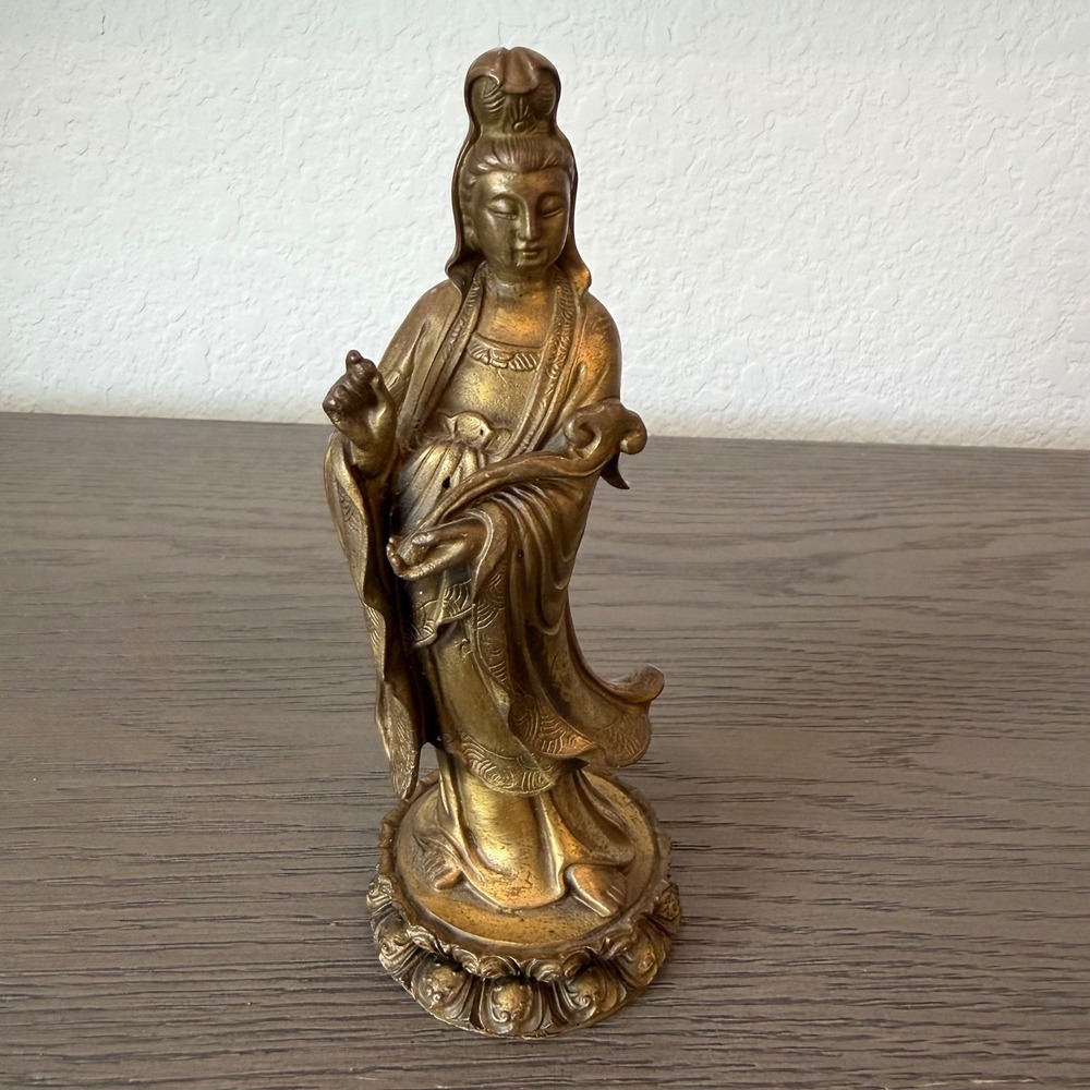 Vintage Bronze Guan Yin Statue Goddess of Mercy Standing Lotus Base Figure